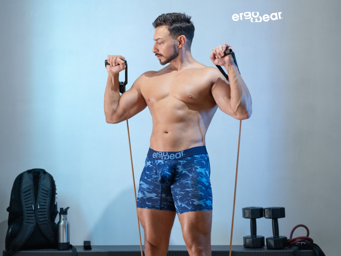Ergo wear ew1721 max se camo boxer briefs in blue feature a blue camouflage pattern and ergonomic design for comfort
