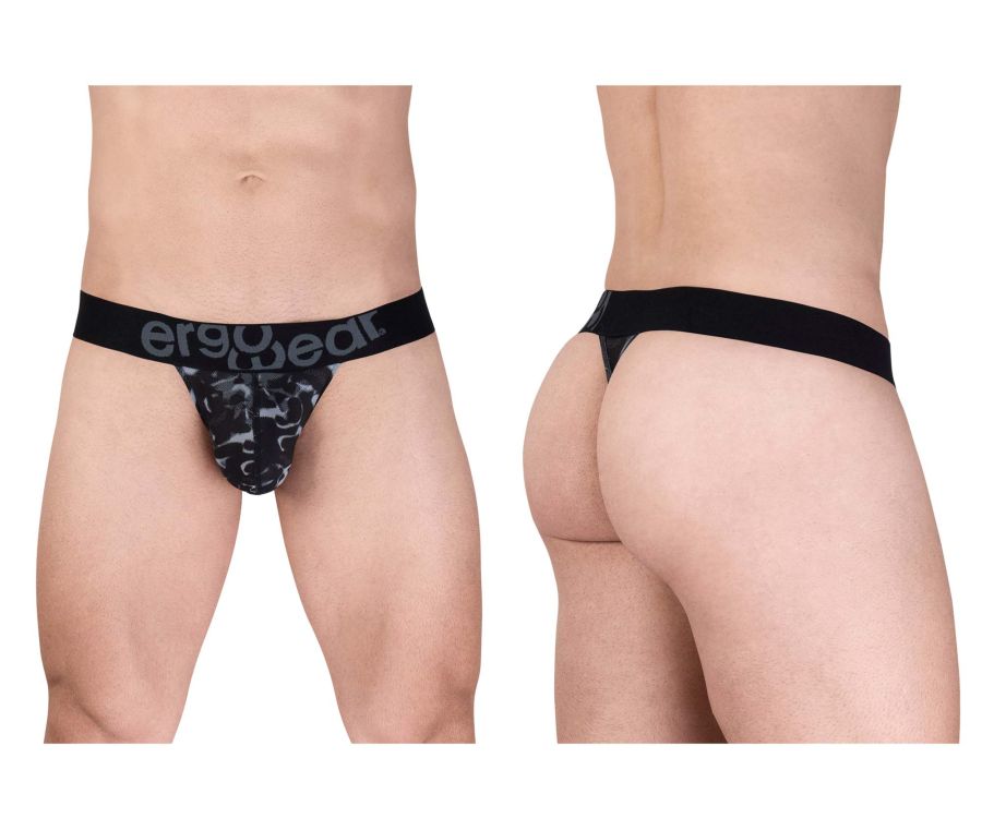 Black ergogear ergonomic briefs with subtle gray camouflage pattern and branded waistband from ErgoWear ew1722 max se camo g-string