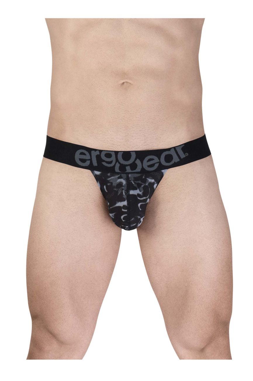 Black and gray camouflage men’s briefs with a black ergowear elastic waistband in a g-string style