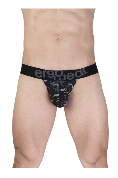 Black and gray camouflage men’s briefs with a black ergowear elastic waistband in a g-string style
