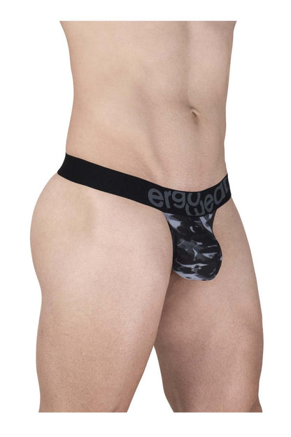 Black and gray camouflage pattern ergo wear EW1722 max se camo g-string with solid black waistband and white branding