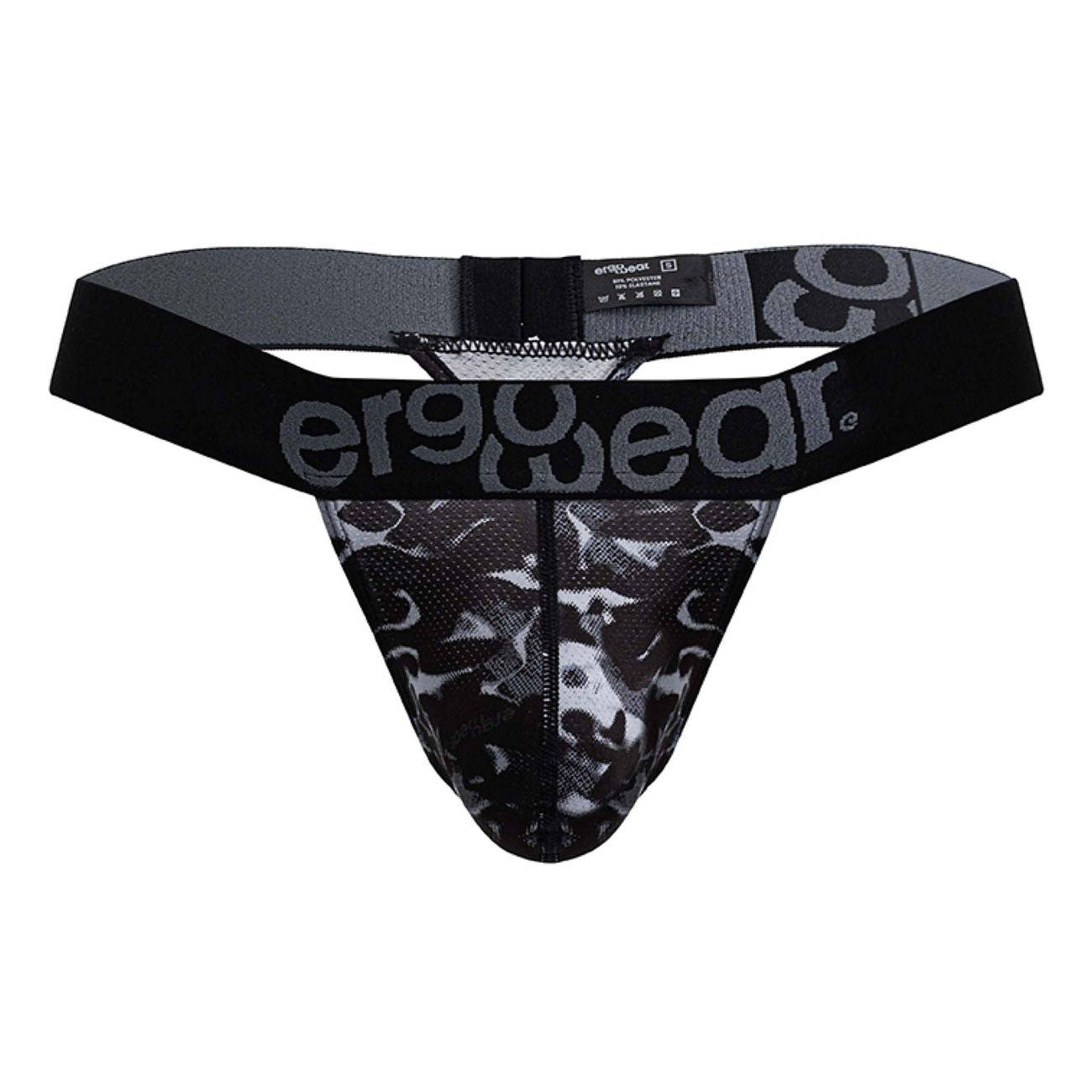 Ergowear ew1722 max se camo black ergonomic g-string briefs with gray and black camouflage pattern and branded waistband