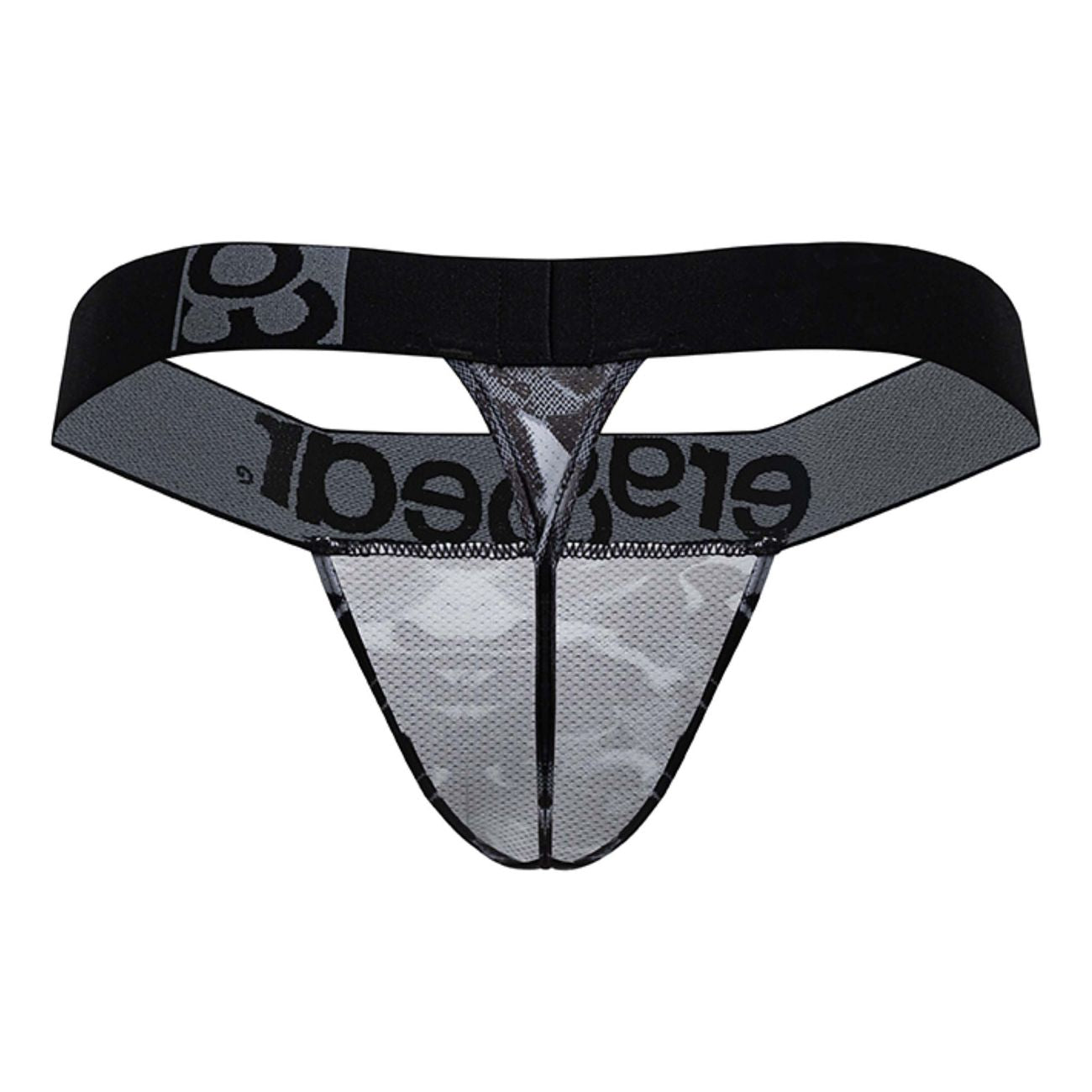 Black and gray mesh thong g-string with bold erad logo on waistband from ergowear ew1722 max se camo in black