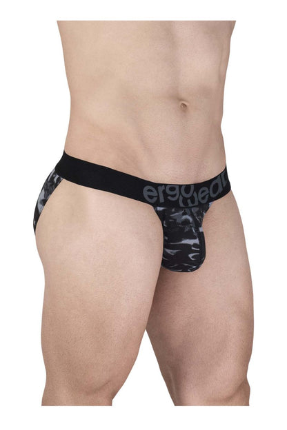 Men’s black and gray camouflage briefs with black elastic ergo waistband in ergo wear ew1723 max se camo bikini color black