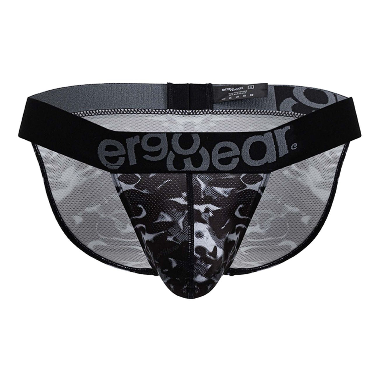 Black and gray camouflage mesh bikini briefs with black elastic waistband featuring ergo wear logo ew1723 max se camo