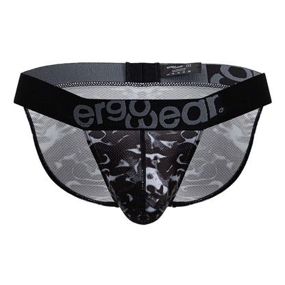 Black and gray camouflage mesh bikini briefs with black elastic waistband featuring ergo wear logo ew1723 max se camo