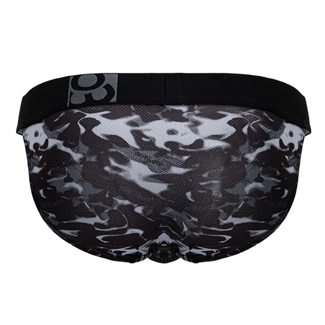 ErgoWear EW1723 MAX SE CAMO black athletic briefs with black and gray camouflage mesh fabric and solid black waistband