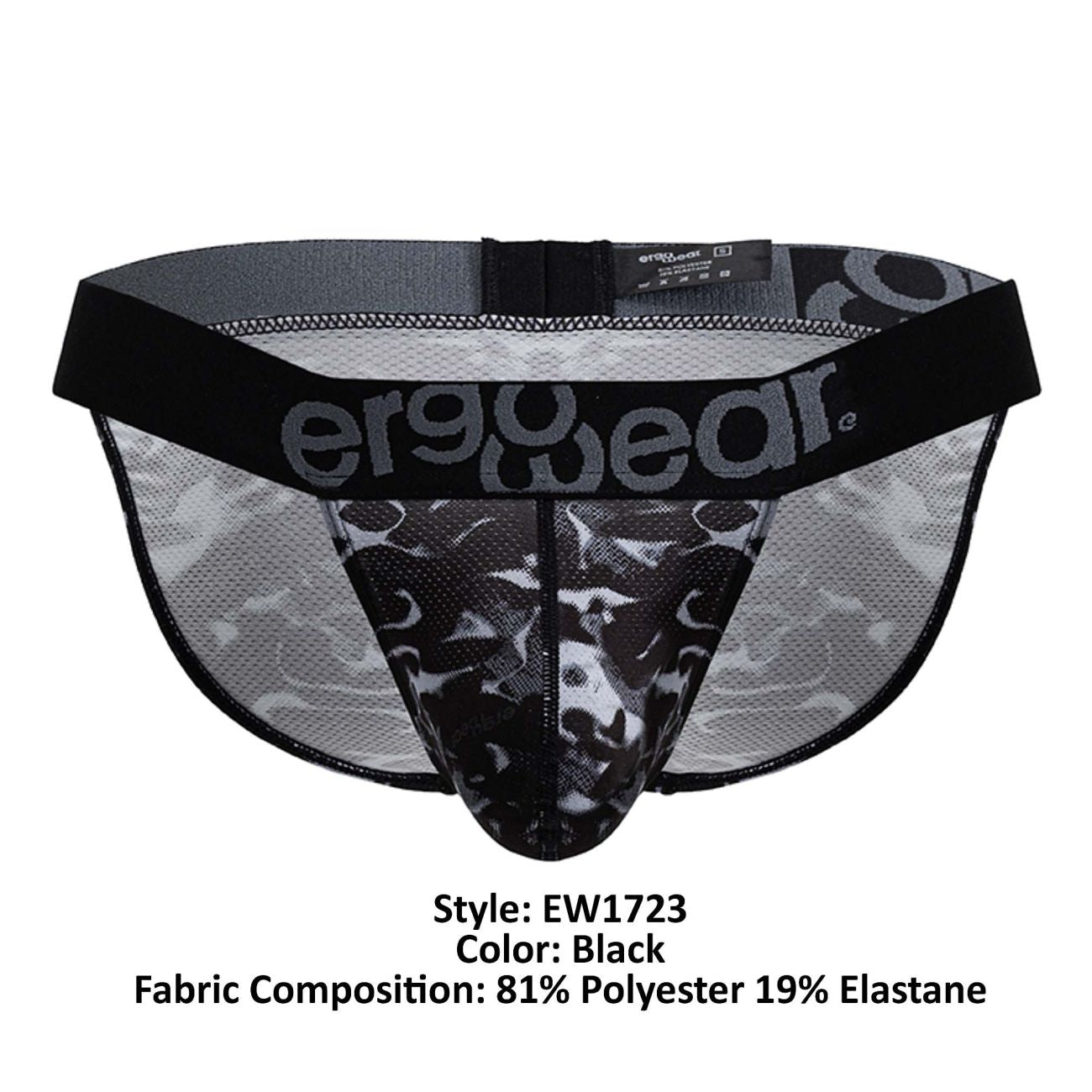 Black ergonomic briefs with camouflage pattern and mesh fabric featuring ergowear logo on waistband front view