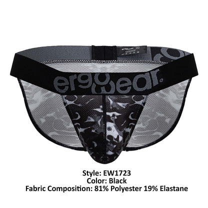 Black ergonomic briefs with camouflage pattern and mesh fabric featuring ergowear logo on waistband front view