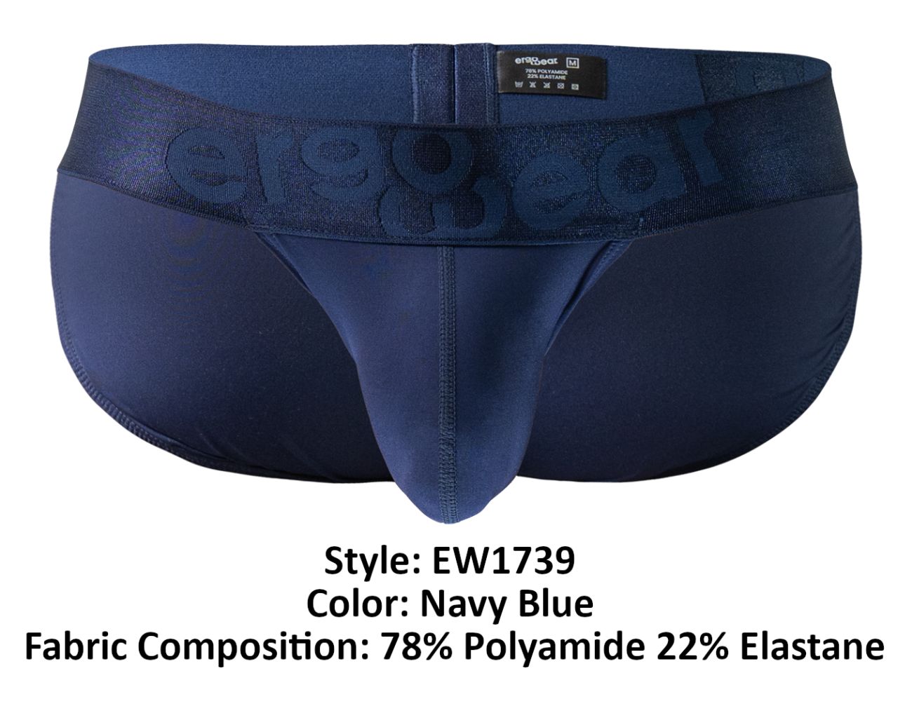 Navy blue ErgoWear EW1739 MAX BOLD men’s briefs with textured waistband embossed with er1983 brand name