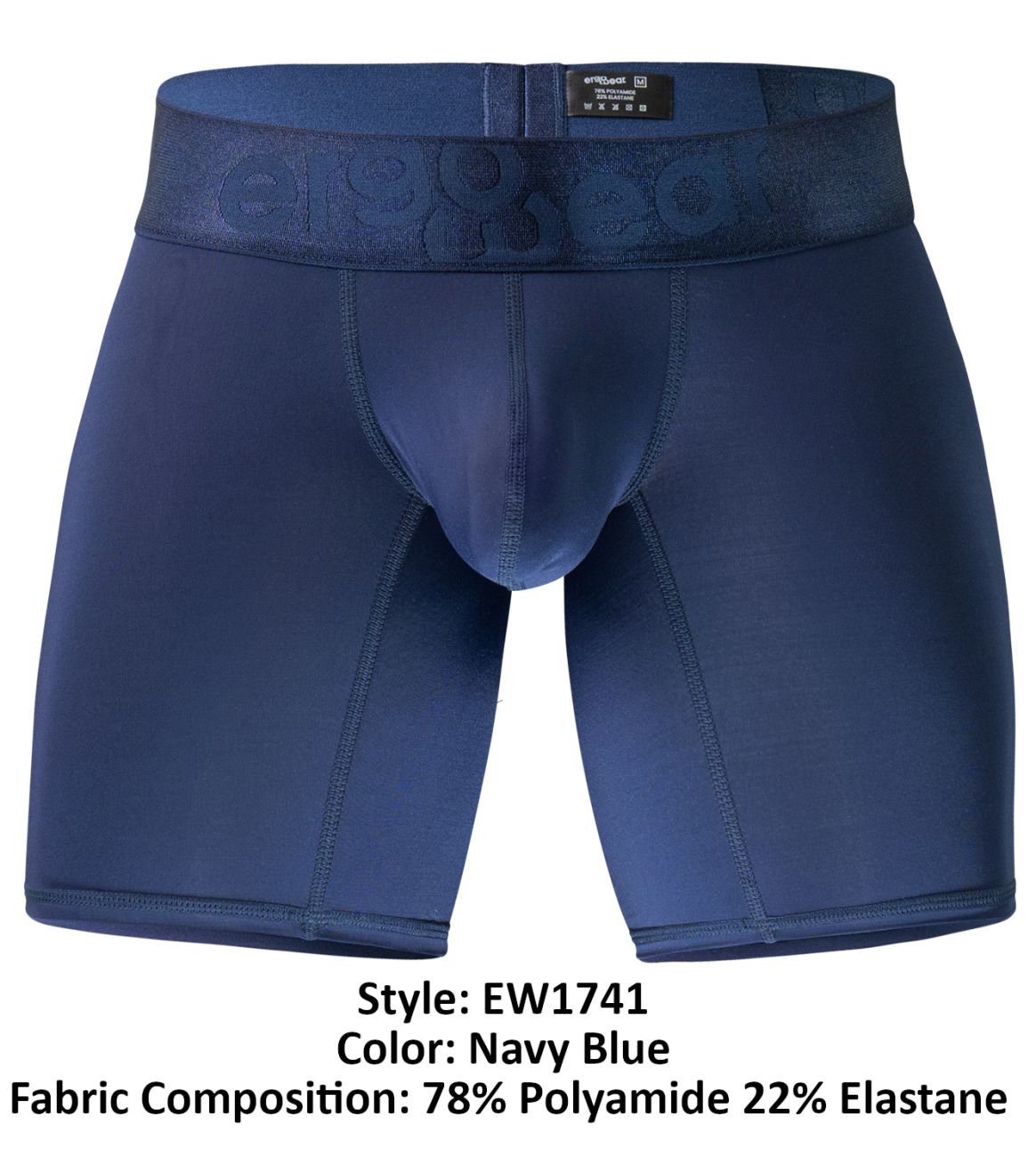 Navy blue ergo wear ew1741 max bold boxer briefs with textured waistband and seamless construction front view