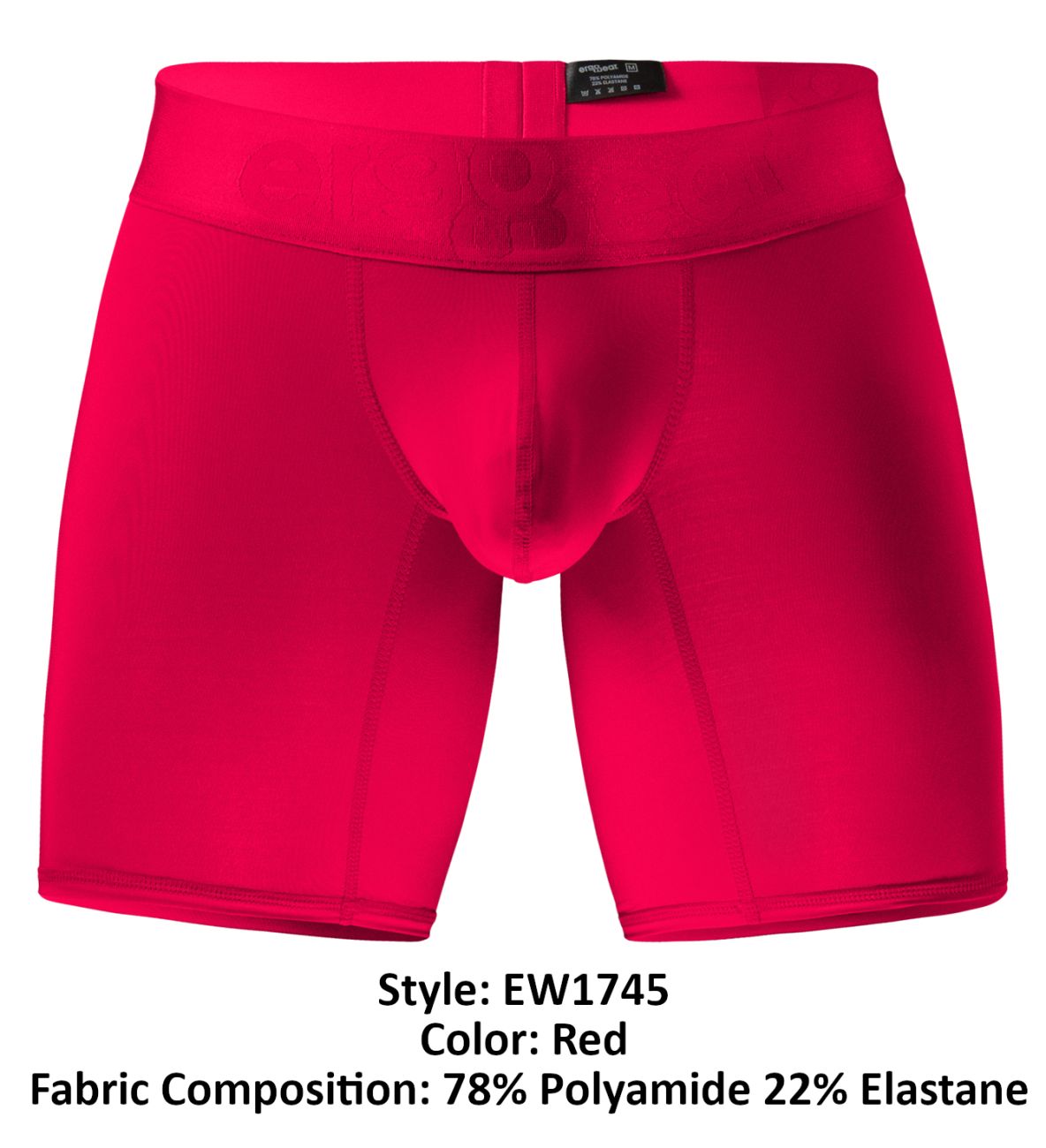 Bright red ergo wear ew1745 max bold boxer briefs made from stretchy polyamide and elastane blend