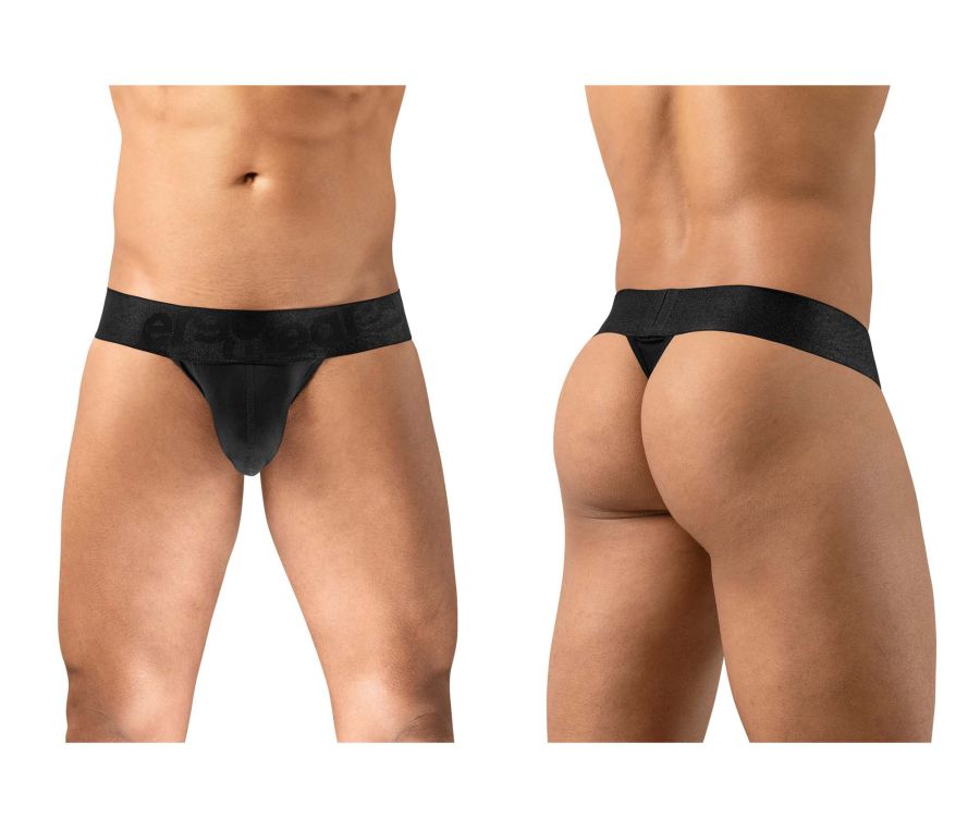 Black seamless thong underwear with wide waistband by ergowear model ew1746 max bold in black color