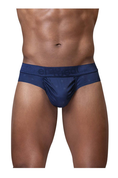 Ergowear ew1751 feel se briefs in navy blue satin fabric with subtle pattern and cinnamon brand on waistband