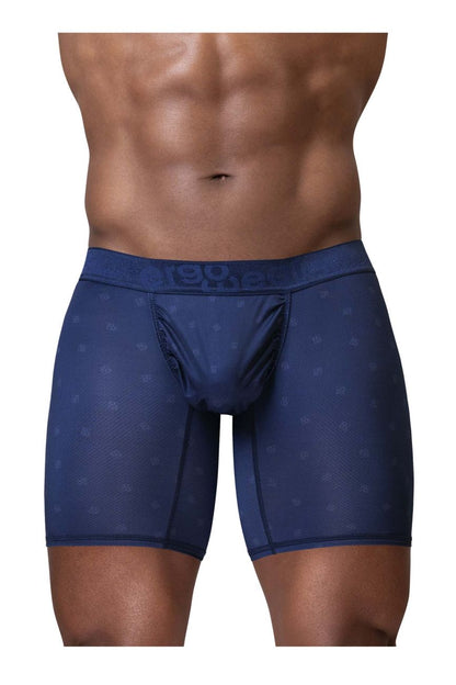 Ergowear ew1753 feel se navy blue men’s boxer briefs with subtle pattern and branded waistband front view