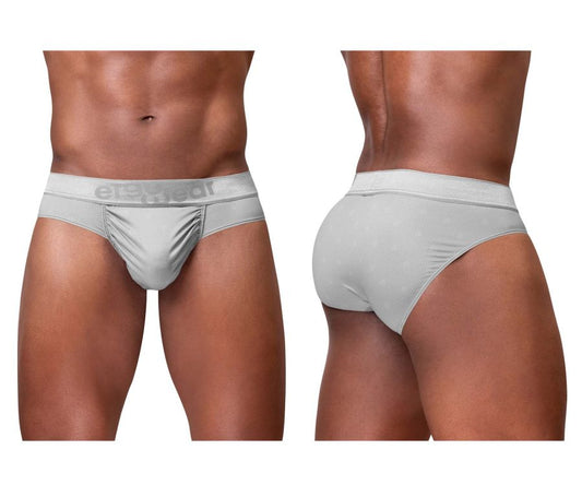 Light gray ergo wear ew1759 feel se briefs with subtle texture and erect waistband logo in silver color
