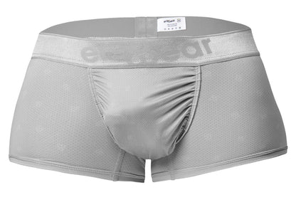 Gray mesh men’s underwear trunk in silver with subtle erectwear logo on the waistband ergonomic and breathable design