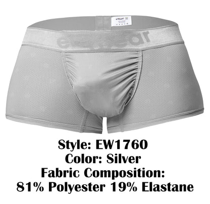 Silver men’s boxer briefs with mesh fabric and elastic waistband featuring e-reear logo from ergowear ew1760 feel se trunks