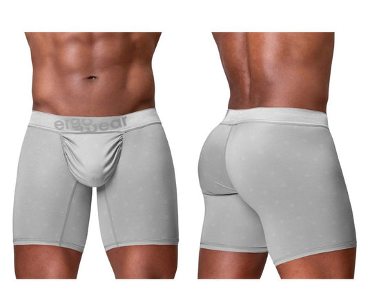Light gray ergo wear ew1761 feel se boxer briefs with subtle textured fabric and elegance logo on waistband