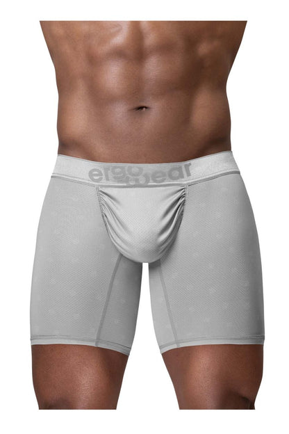Gray ergonomic boxer briefs with subtle textured pattern and ergo wear logo on waistband in silver color