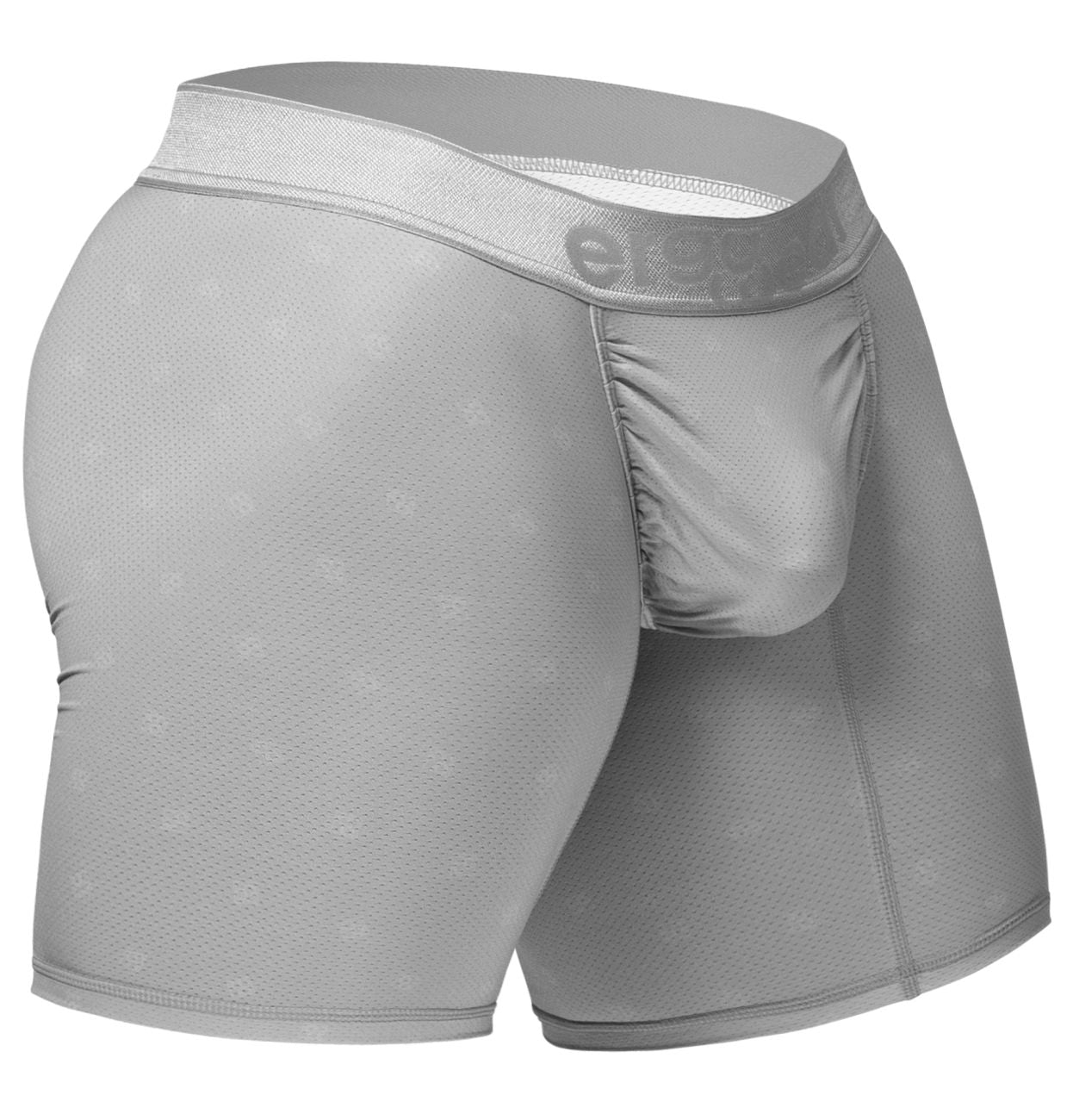 Gray men’s boxer briefs in textured mesh fabric with elastic waistband featuring elevate logo color silver