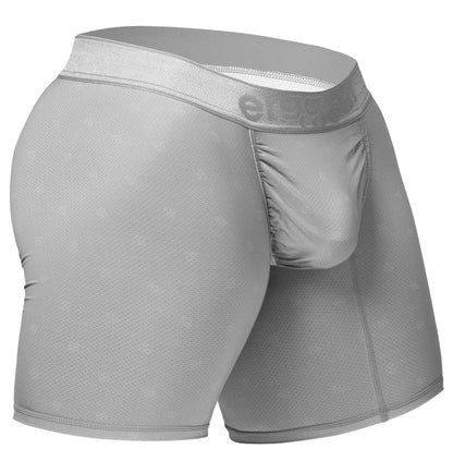 Gray men’s boxer briefs in textured mesh fabric with elastic waistband featuring elevate logo color silver