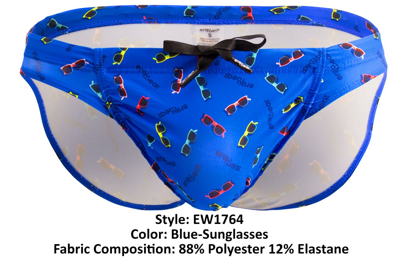 ErgoWear EW1764 FEEL SW blue swim briefs with colorful sunglasses pattern and black waistband bow for swimming