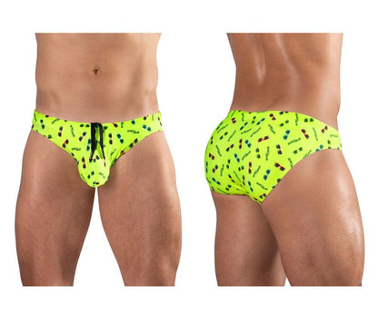 Vibrant neon green ergoWear EW1765 X4D swim briefs with colorful sunglasses pattern and carnival branding