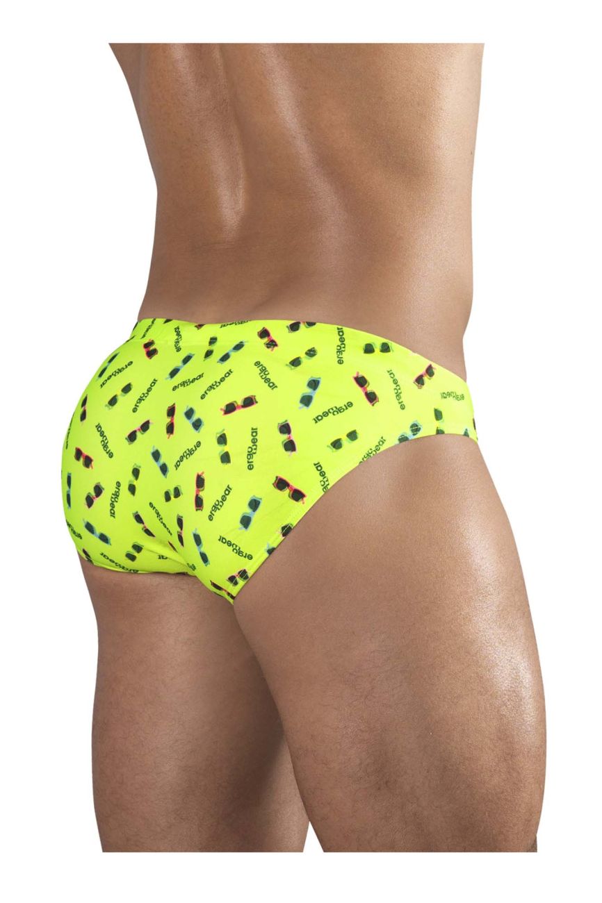 Bright yellow ErgoWear EW1765 X4D swim briefs with colorful sunglasses pattern and black sunglasses text for swimming