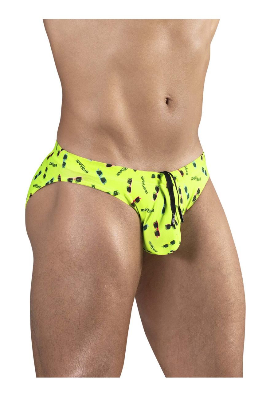 Bright yellow ErgoWear EW1765 X4D SW swim briefs with a playful black and green sunglasses pattern