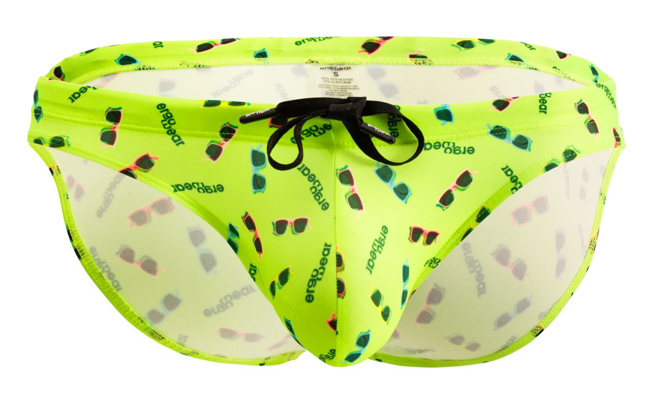 Bright neon green ErgoWear EW1765 X4D SW swim briefs with colorful sunglasses pattern and ersgear branding