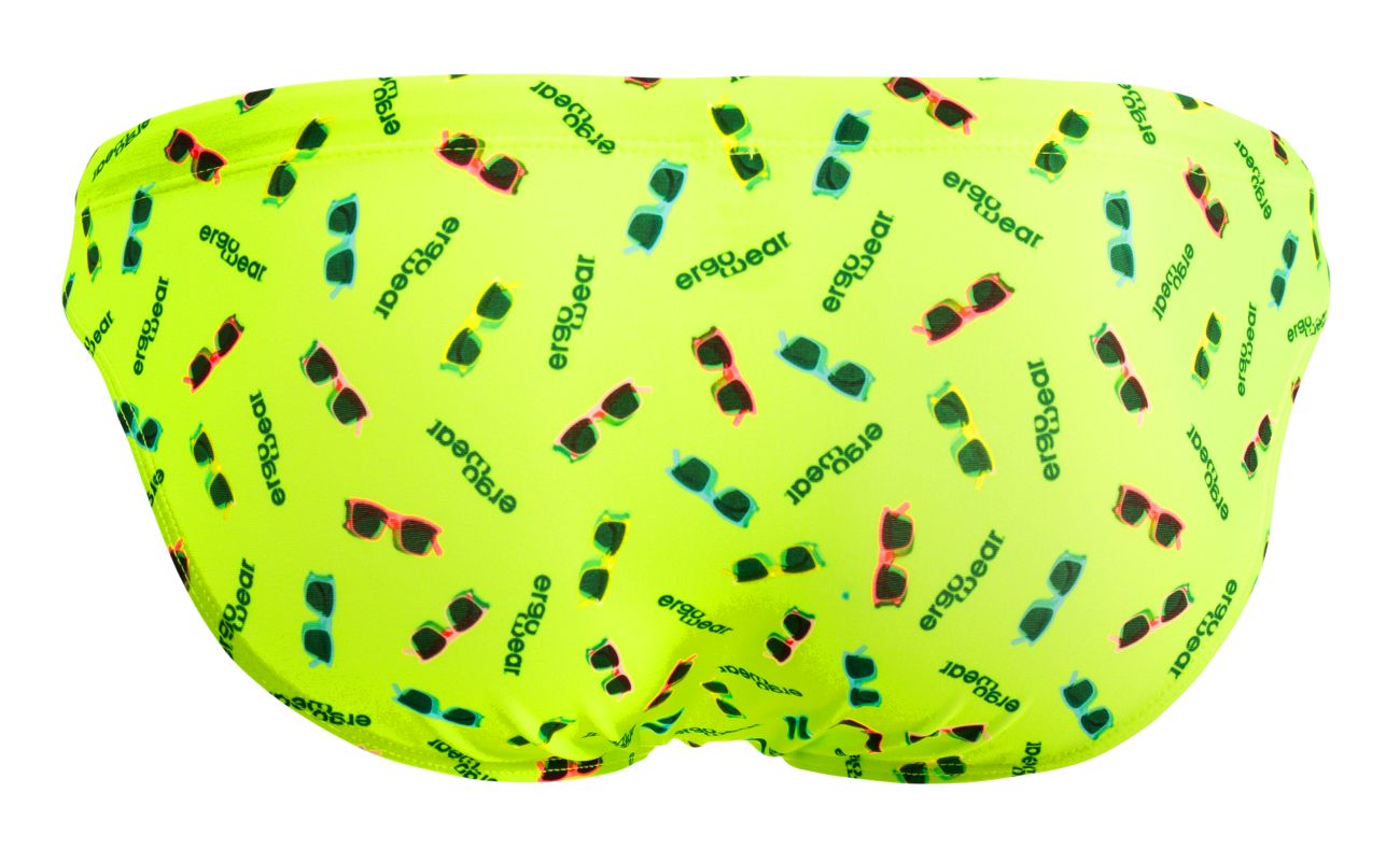 Vibrant neon green ergowear ew1765 x4d swim briefs with colorful sunglasses pattern and ergobear branding in bright yellow