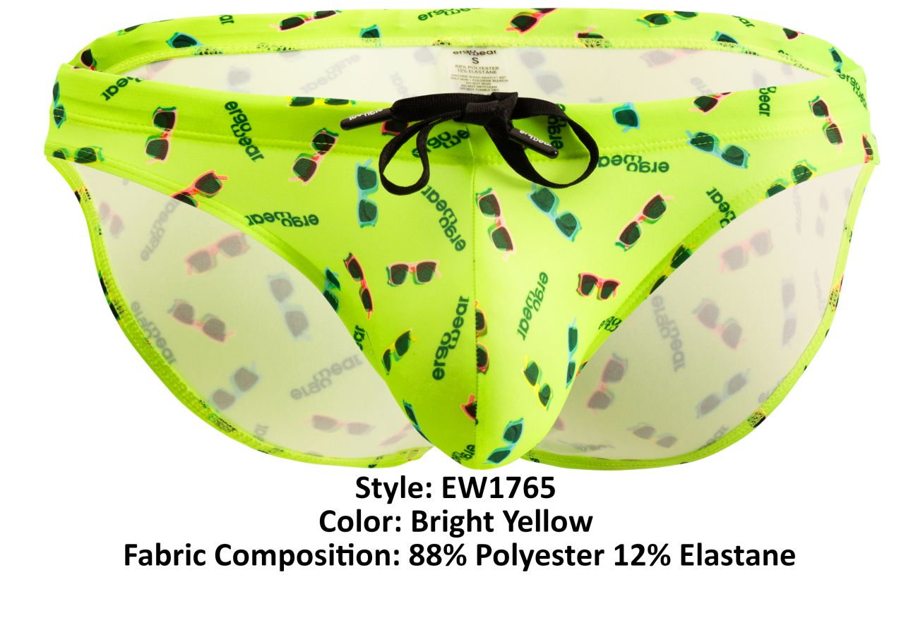 Ergowear ew1765 x4d bright yellow swim briefs with playful sunglasses and ear pattern in green black and gray