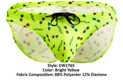 Ergowear ew1765 x4d bright yellow swim briefs with playful sunglasses and ear pattern in green black and gray