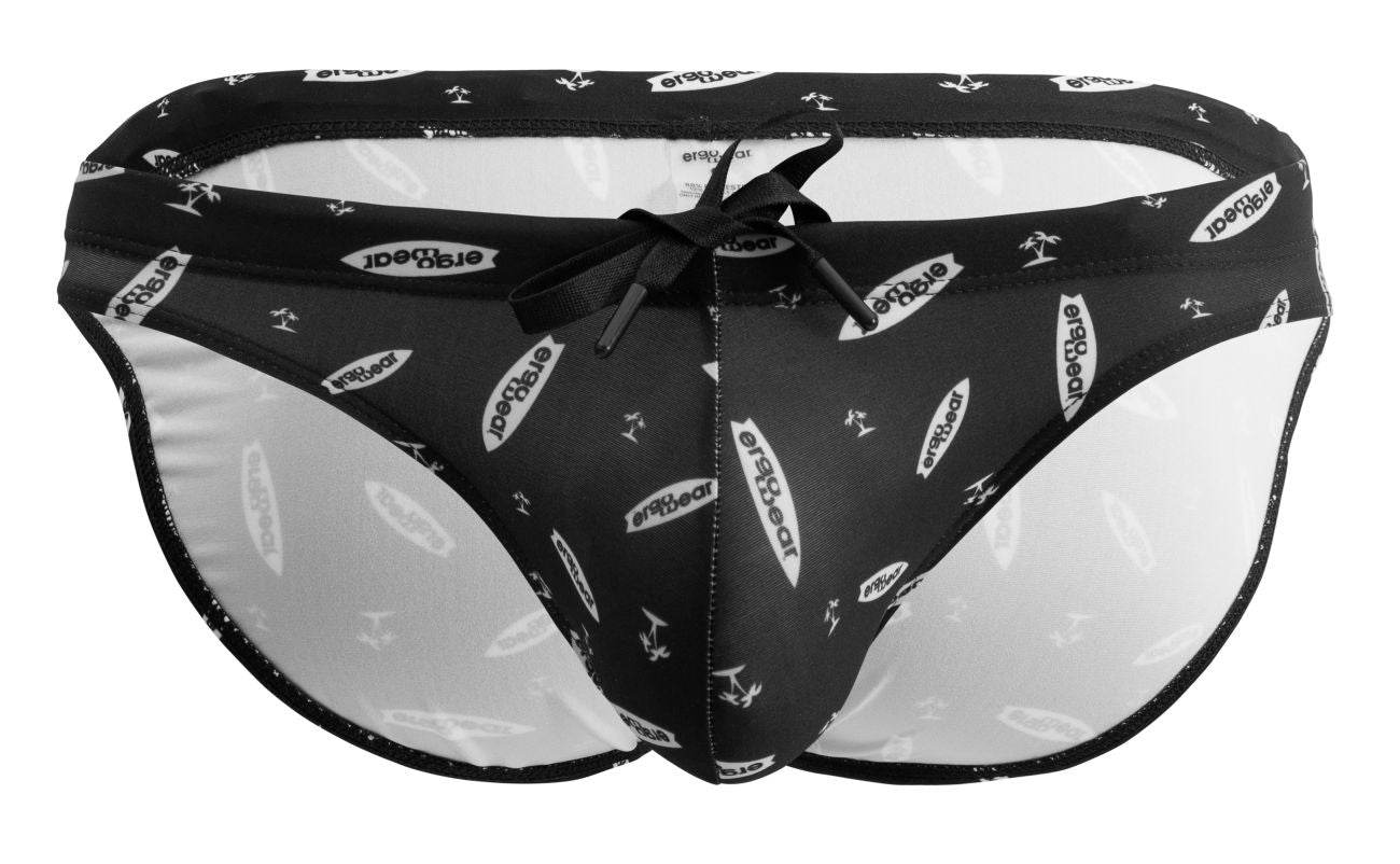Black and white patterned ErgoWear EW1766 X4D SW men’s swim briefs with satin bow tie at the front