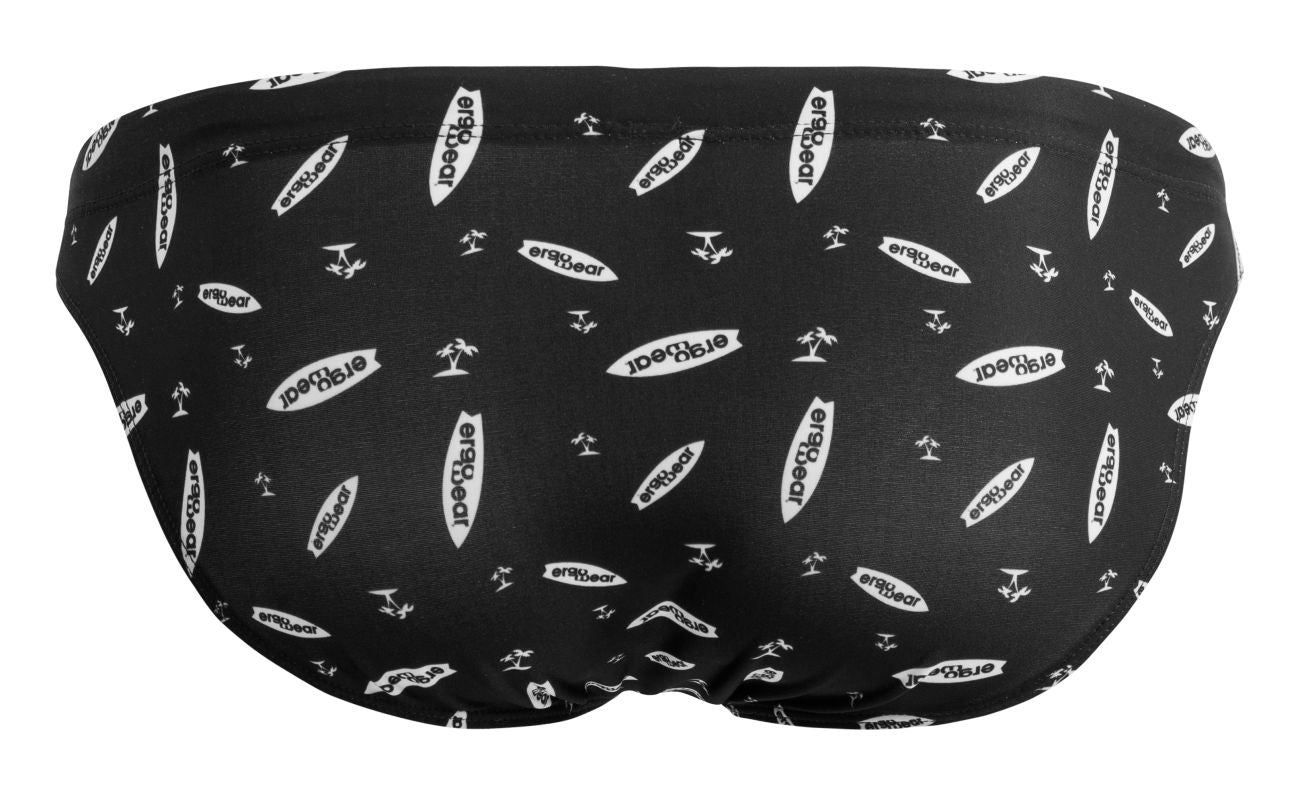 Black ergowear ew1766 x4d swim briefs with repeating white eraygear logo and surfboard pattern