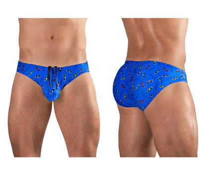 Blue ErgoWear EW1767 X4D swim briefs with a playful colorful sunglasses pattern for comfortable swimwear use