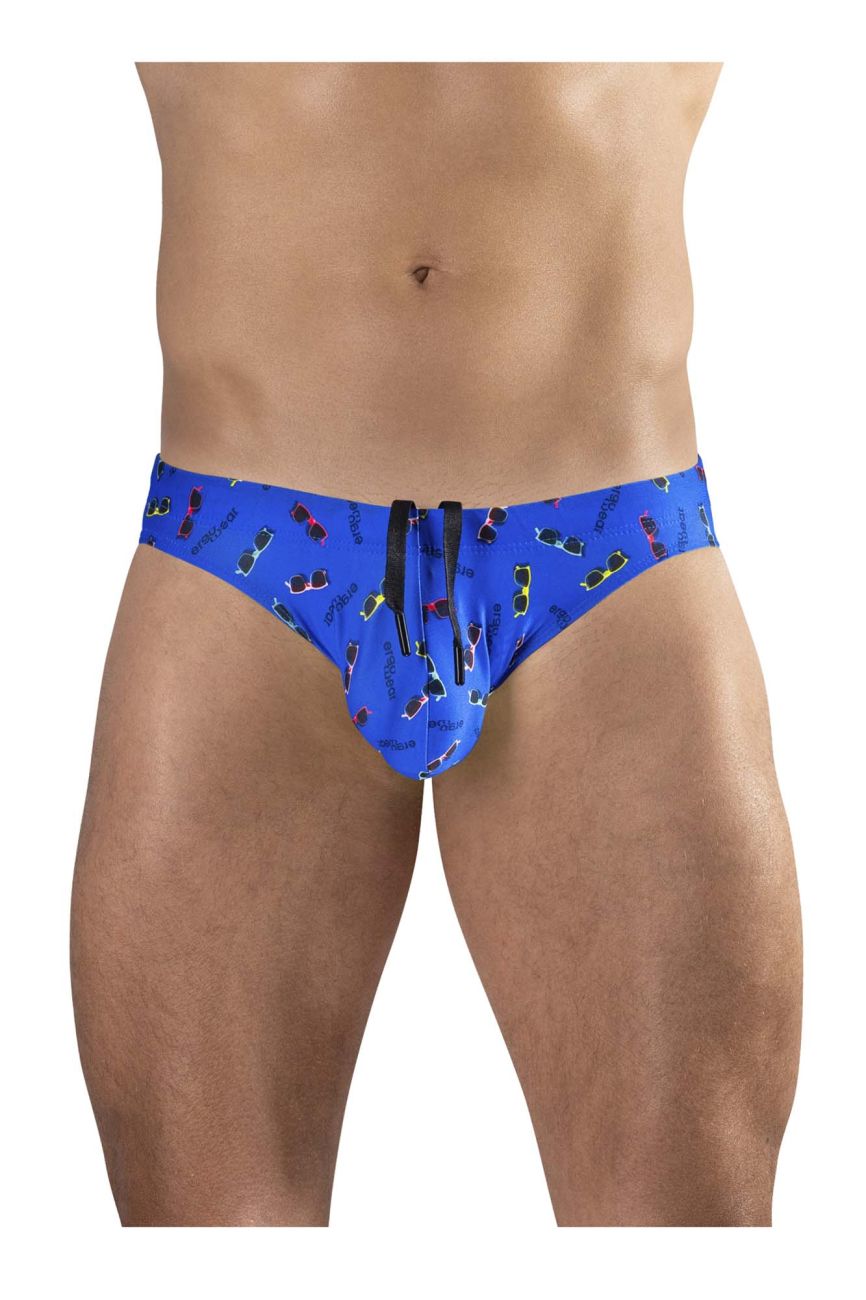 ErgoWear ew1767 x4d blue swim briefs with colorful sunglasses pattern and black drawstrings for secure closure