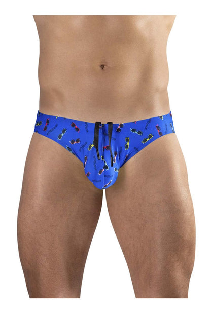 ErgoWear ew1767 x4d blue swim briefs with colorful sunglasses pattern and black drawstrings for secure closure