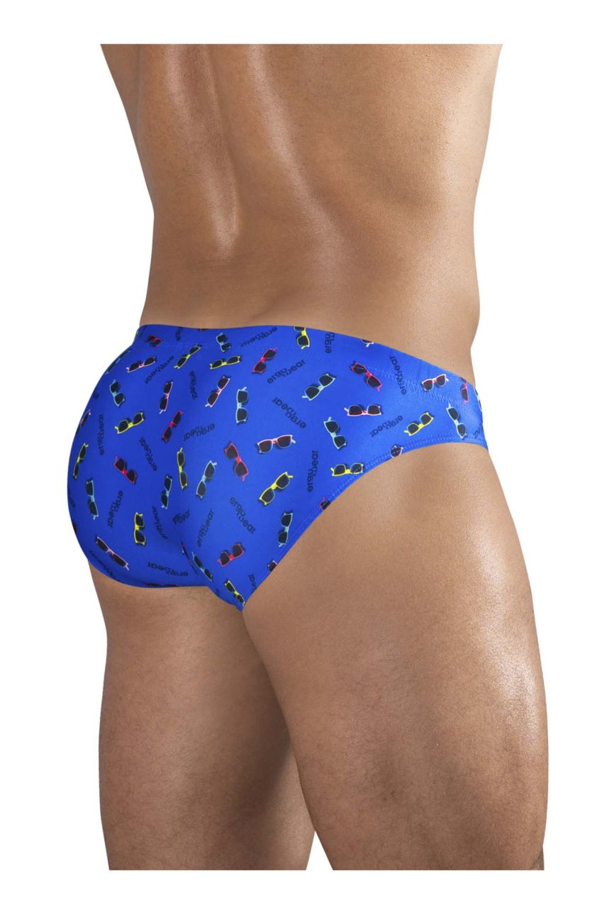 Blue ErgoWear EW1767 X4D swim briefs featuring a playful colorful sunglasses pattern for swimwear use