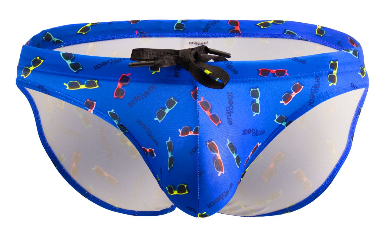 Blue ergoWear ew1767 x4d swim briefs with colorful sunglasses pattern transparent side panels and black drawstring tie