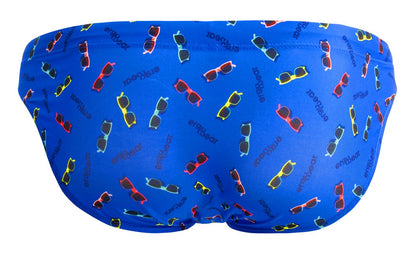 Bright blue ergo wear ew1767 x4d swim briefs with colorful sunglasses pattern and earl brand name