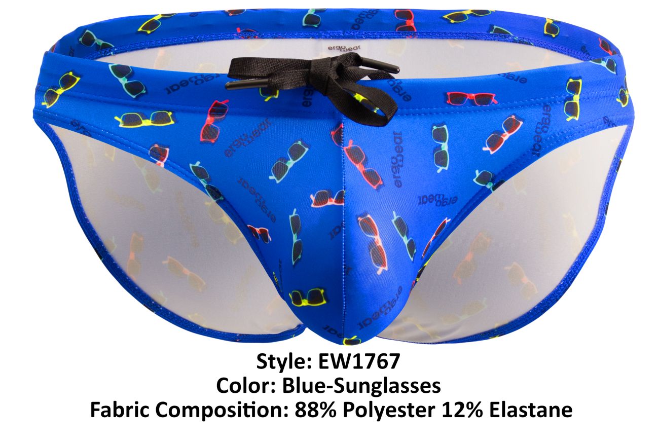 Blue ergoWear EW1767 X4D SW swim briefs with vibrant colorful sunglasses pattern made of 88 polyester and 12 elastane