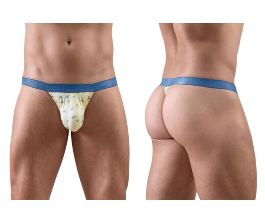 Men’s ergoWear EW1768 SLK SE yellow thong with blue elastic waistband and small bird pattern front view
