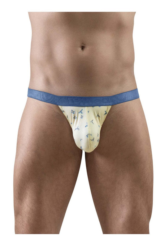 Yellow patterned ergo wear ew1768 slk se g-string briefs with blue waistband in vanilla birds color front view