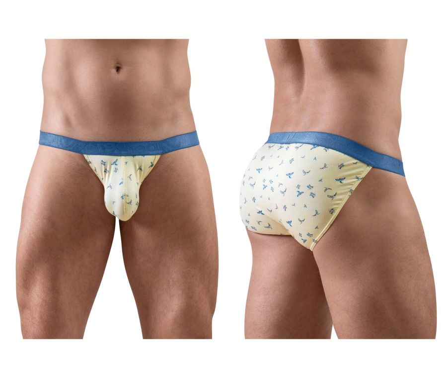 Cream-colored ergoWear ew1769 slk se bikini briefs with blue anchor pattern and royal blue waistband in vanilla-birds