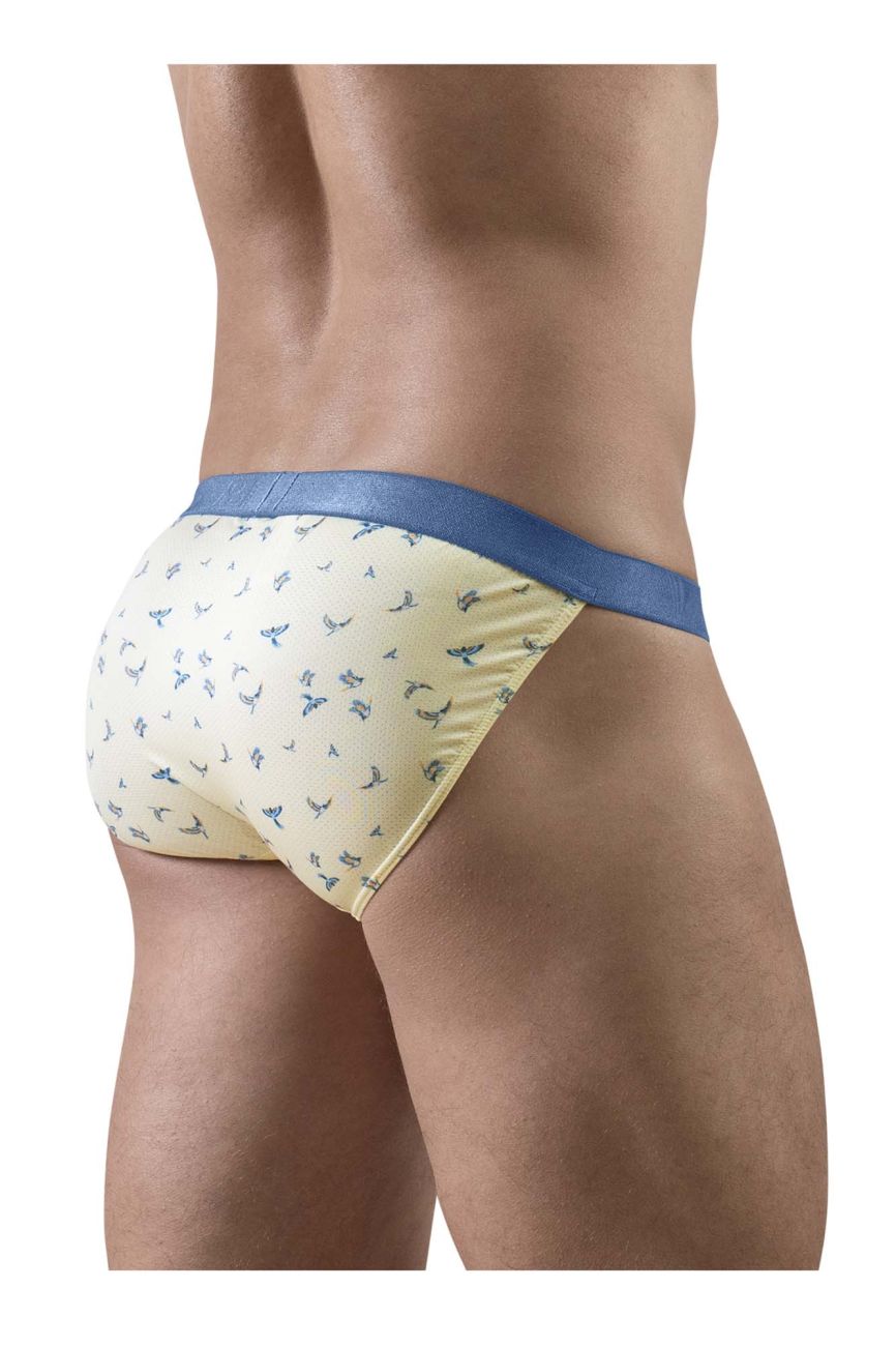 Ergo wear ew1769 slk se bikini briefs in cream with subtle blue bird pattern and solid royal blue waistband