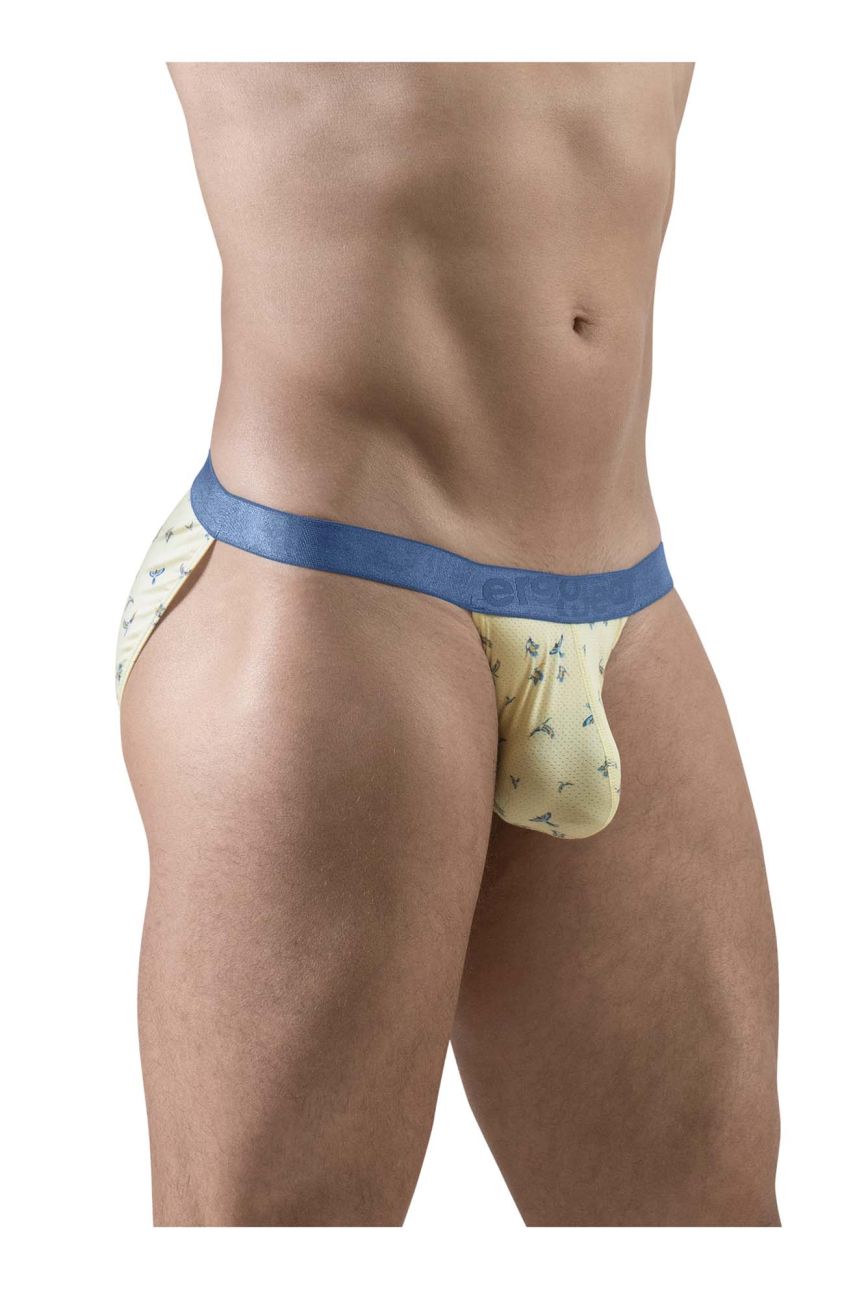ErgoWear EW1769 SLK SE bikini briefs in vanilla yellow with a blue waistband and bird pattern for comfortable wear