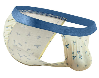 Cream-colored men’s briefs with a subtle blue bird pattern and navy waistband embossed with brand name eroge