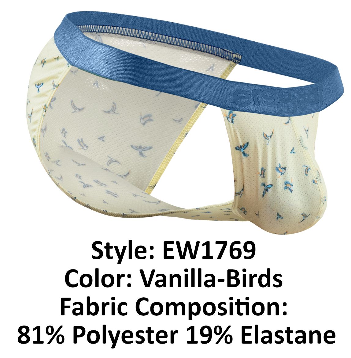 Vanilla color ErgoWear EW1769 SLK SE bikini briefs with blue satin waistband and subtle bird pattern made of polyester elastane
